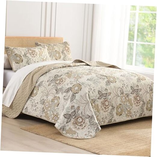  Floral Quilt Set King Size 3 Pieces Vintage Flower King(104"×90") Neutral