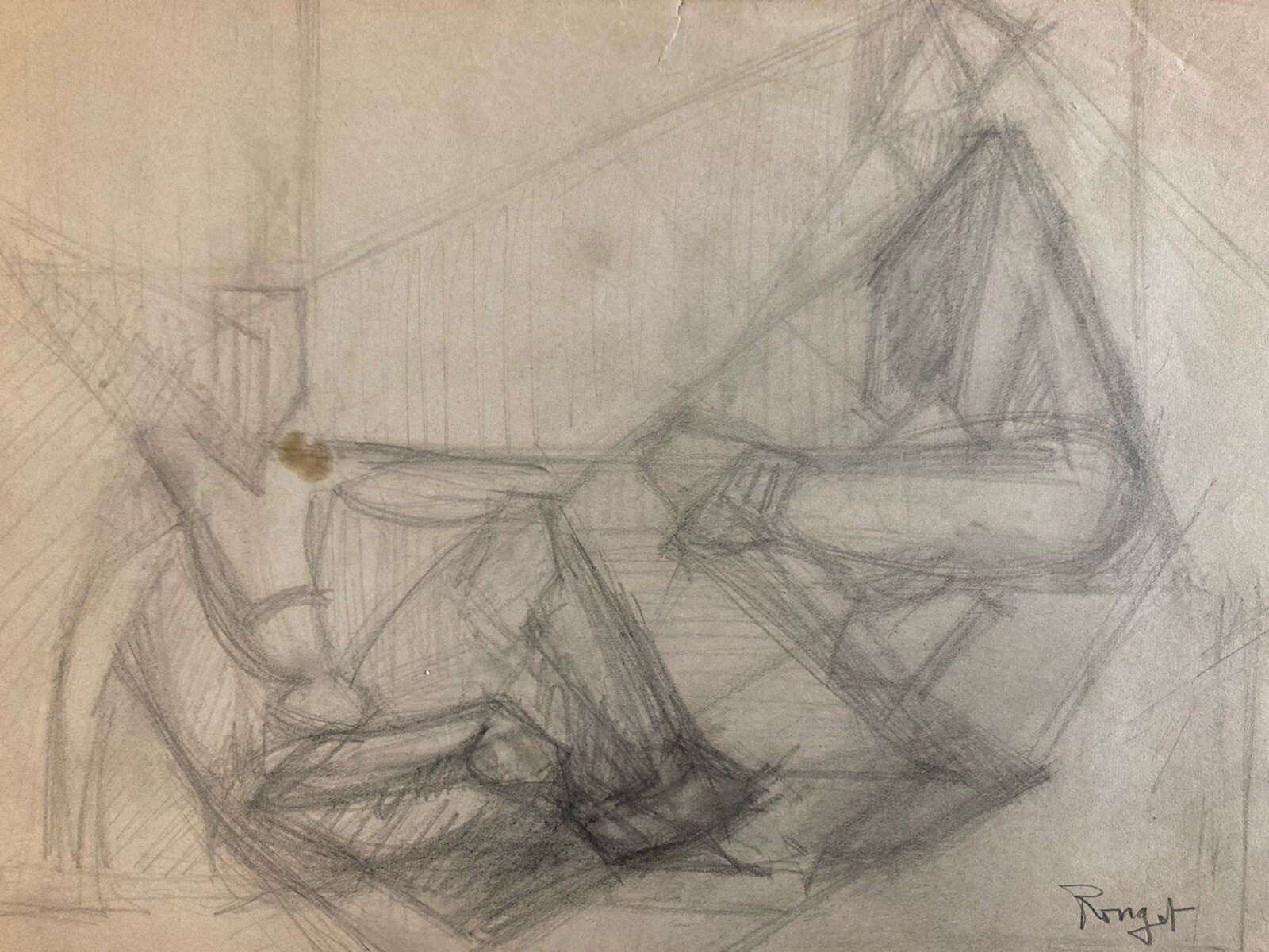 Old Cubist Drawing Art Lead Pencil Elisabeth Ronget Cubism 1940
