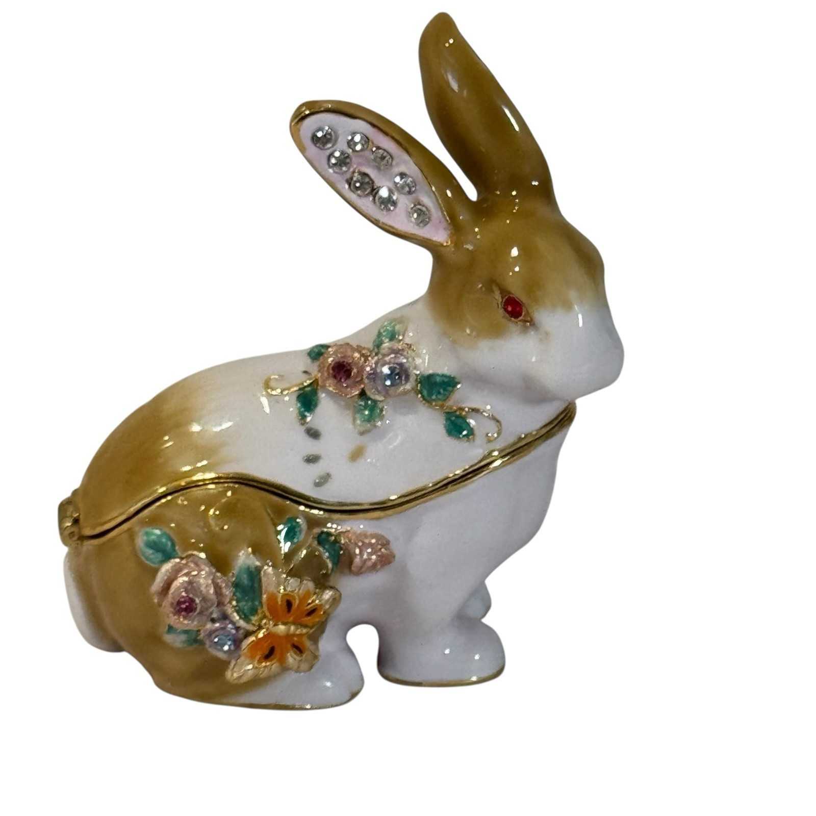 RUCINNI Hinged Trinket Box Floral Enamel Rabbit Bunny Easter