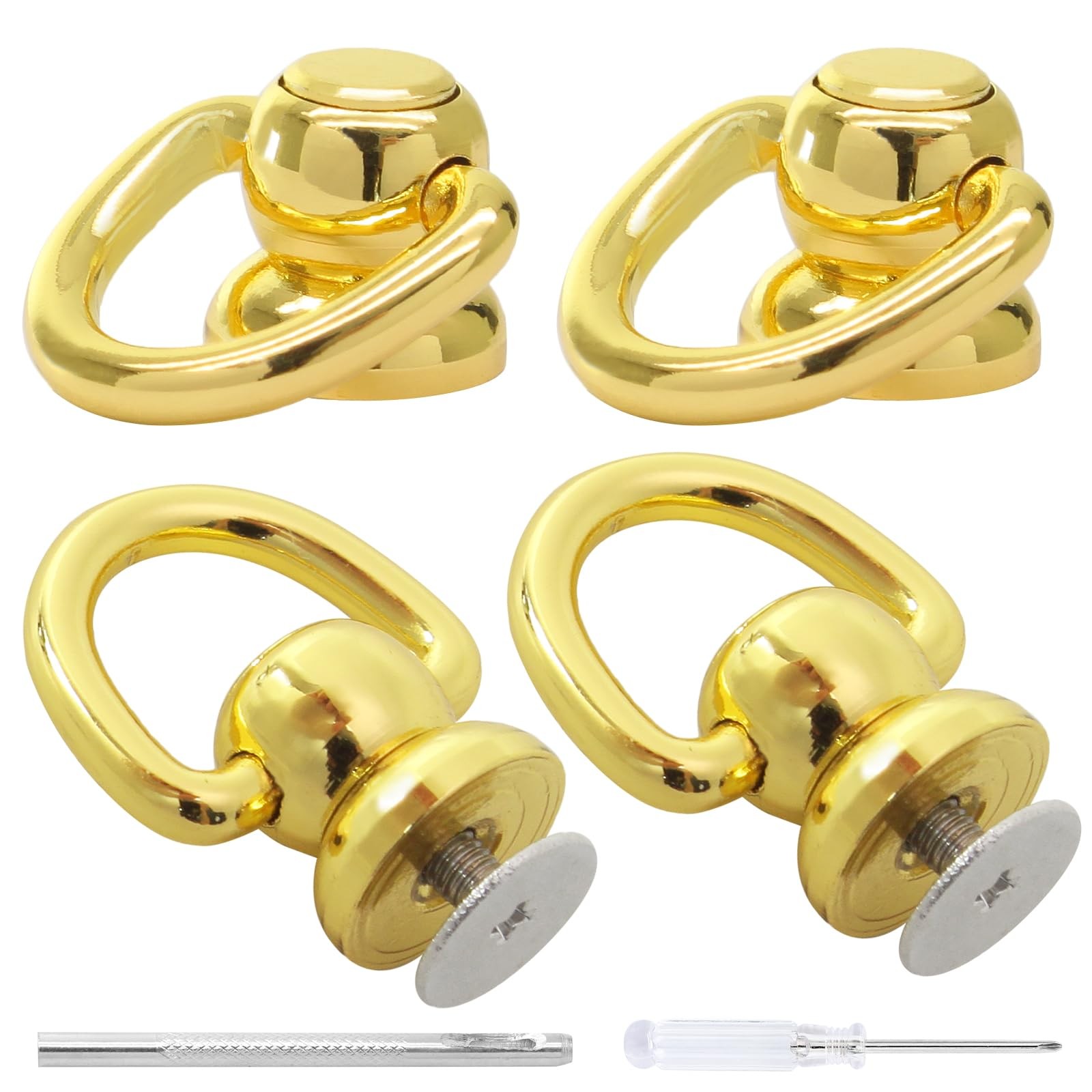 Jiozermi 4 Pack Brass Ball Studs Rivets D Rings, Rotatable Purse Handbag Gold 