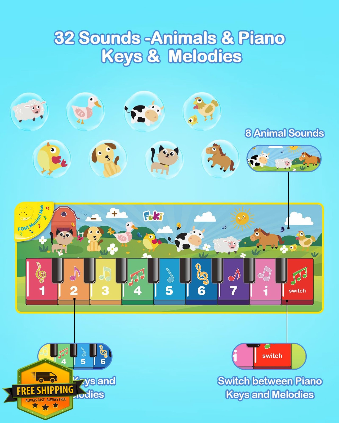 FOKI Floor Piano Mat Toddler Musical Keyboard Toy Animal Sounds Touch Playmat