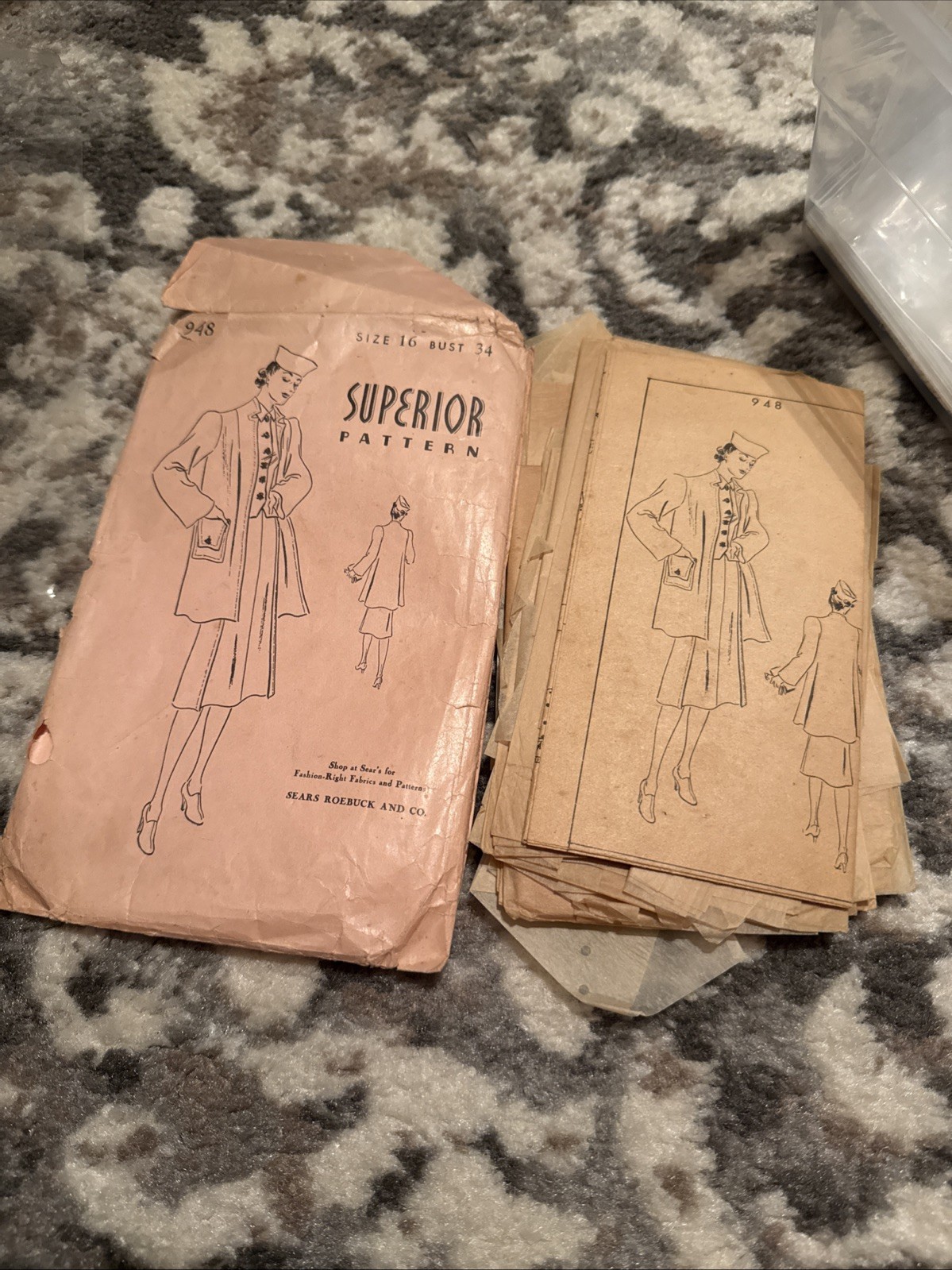 Vintage 1940s Sewing Pattern Sears Superior 948 Dress  Size 16 Bust 34 Coat