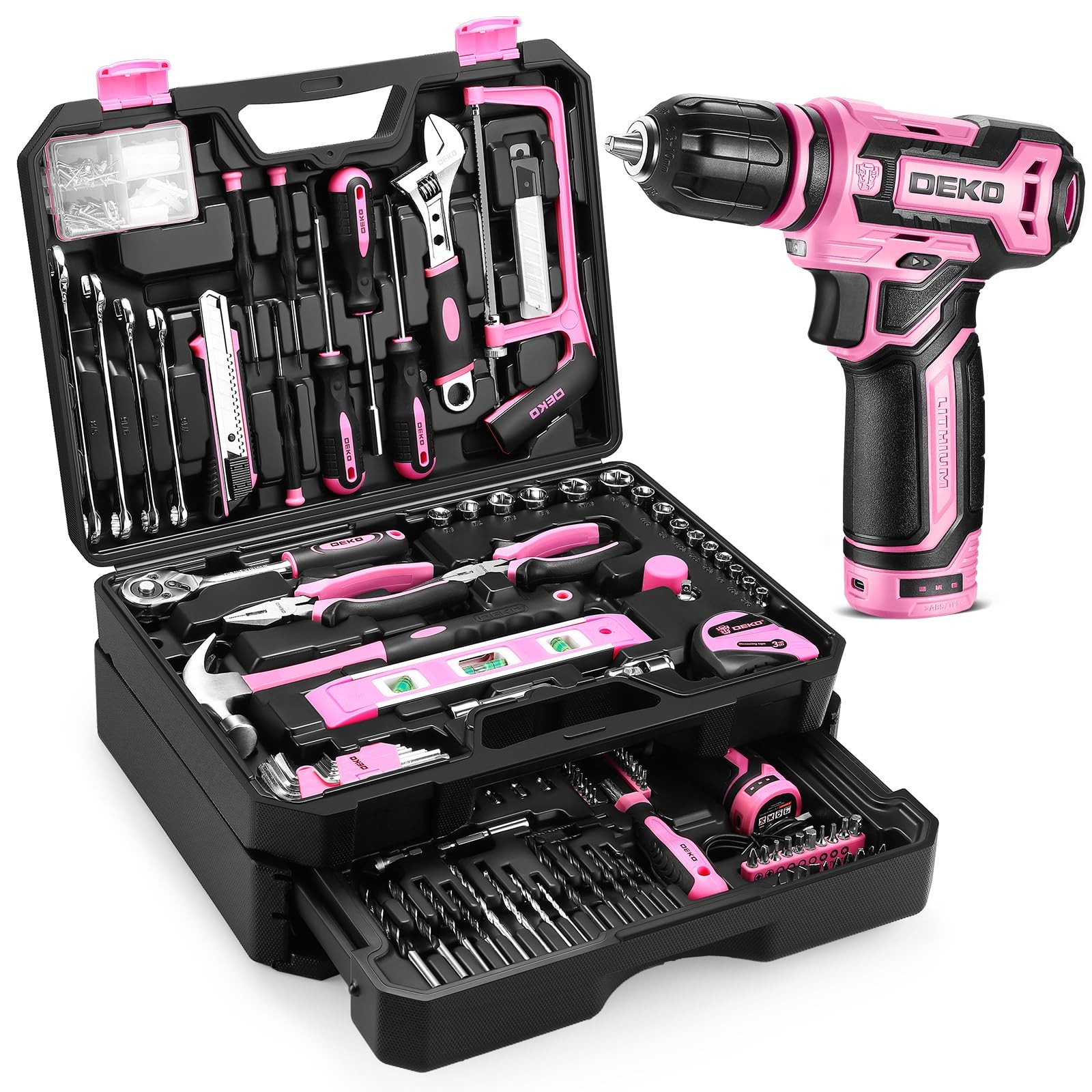 Pink Tool Kit Box Drill Set：DEKOPRO Home Mechanic Toolbox with 12V Power 