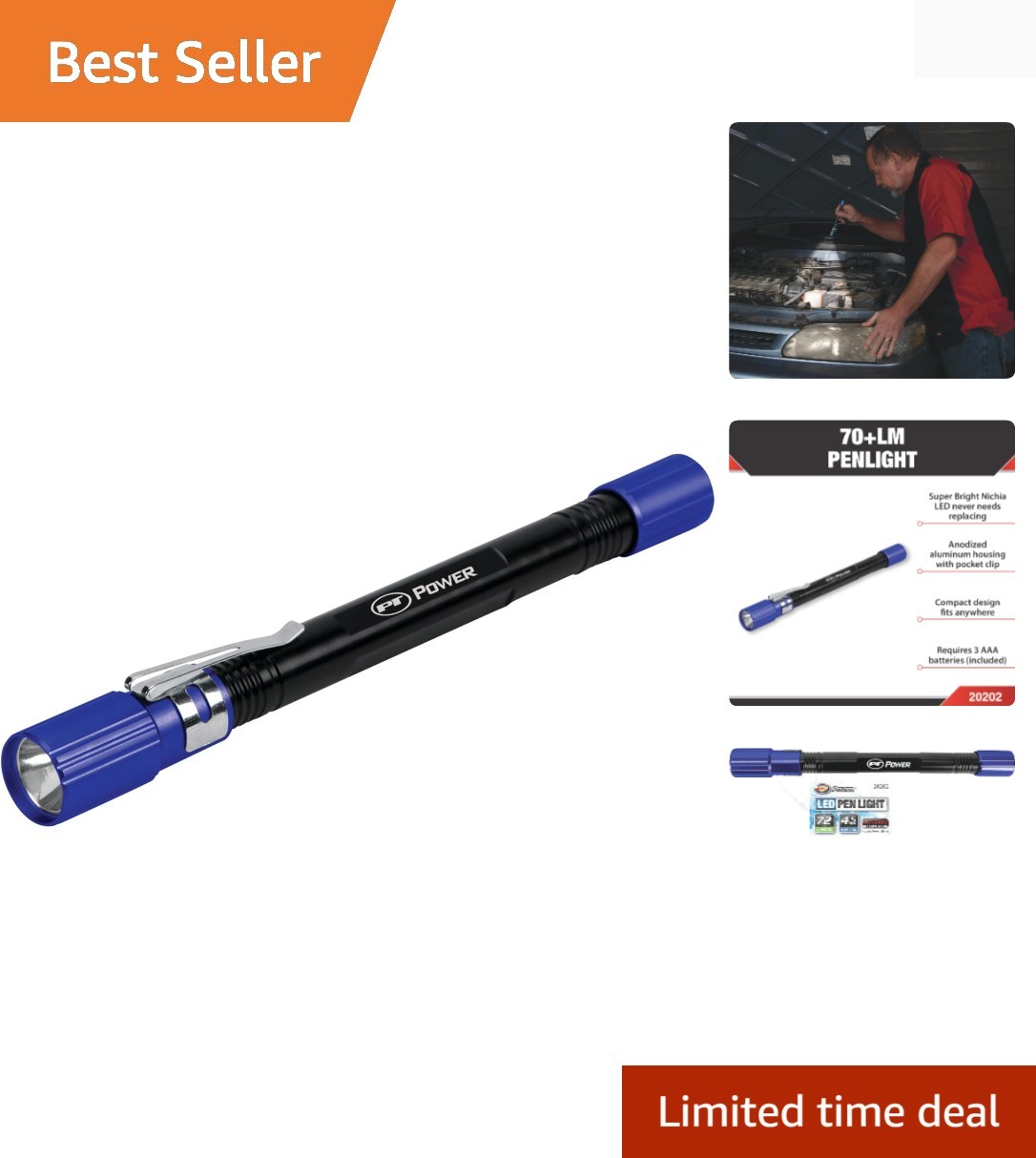 Super Bright Portable Flashlight with Pocket Clip - 73m Range, 4-Hour Run Time