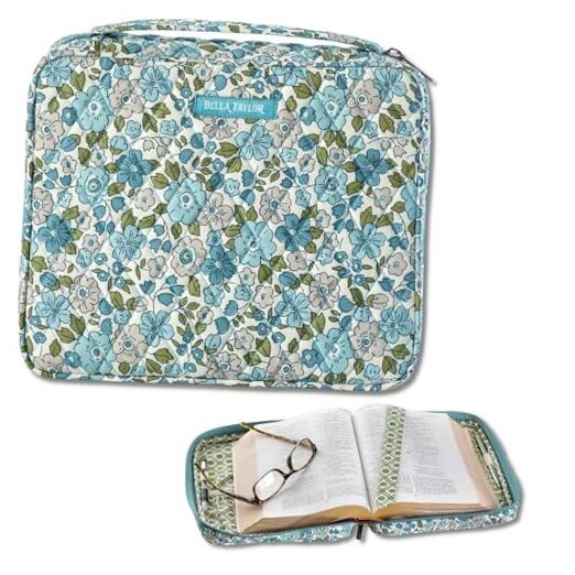 Quilted Bible Cover for Women - Large Study Bible Case - Delicate Floral Blue