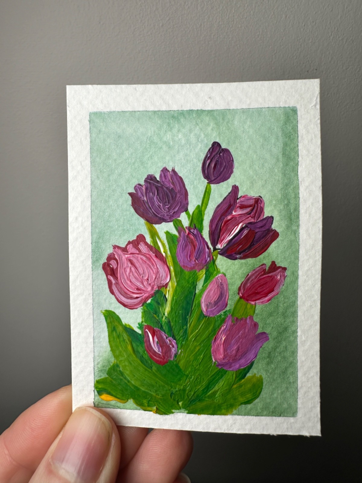 ACEO Original Tulip Flowers Purple Pink Red Springtime Acrylic by YParishStudio