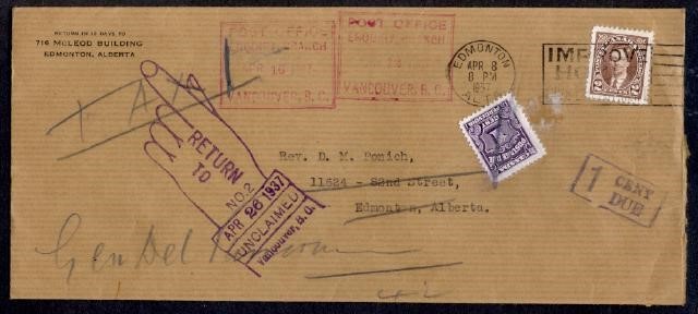 CANADA 2 CENT MUFTI SHORT PAID VANCOUVER ENQUIRY BR CANCEL 1937 RETURNED