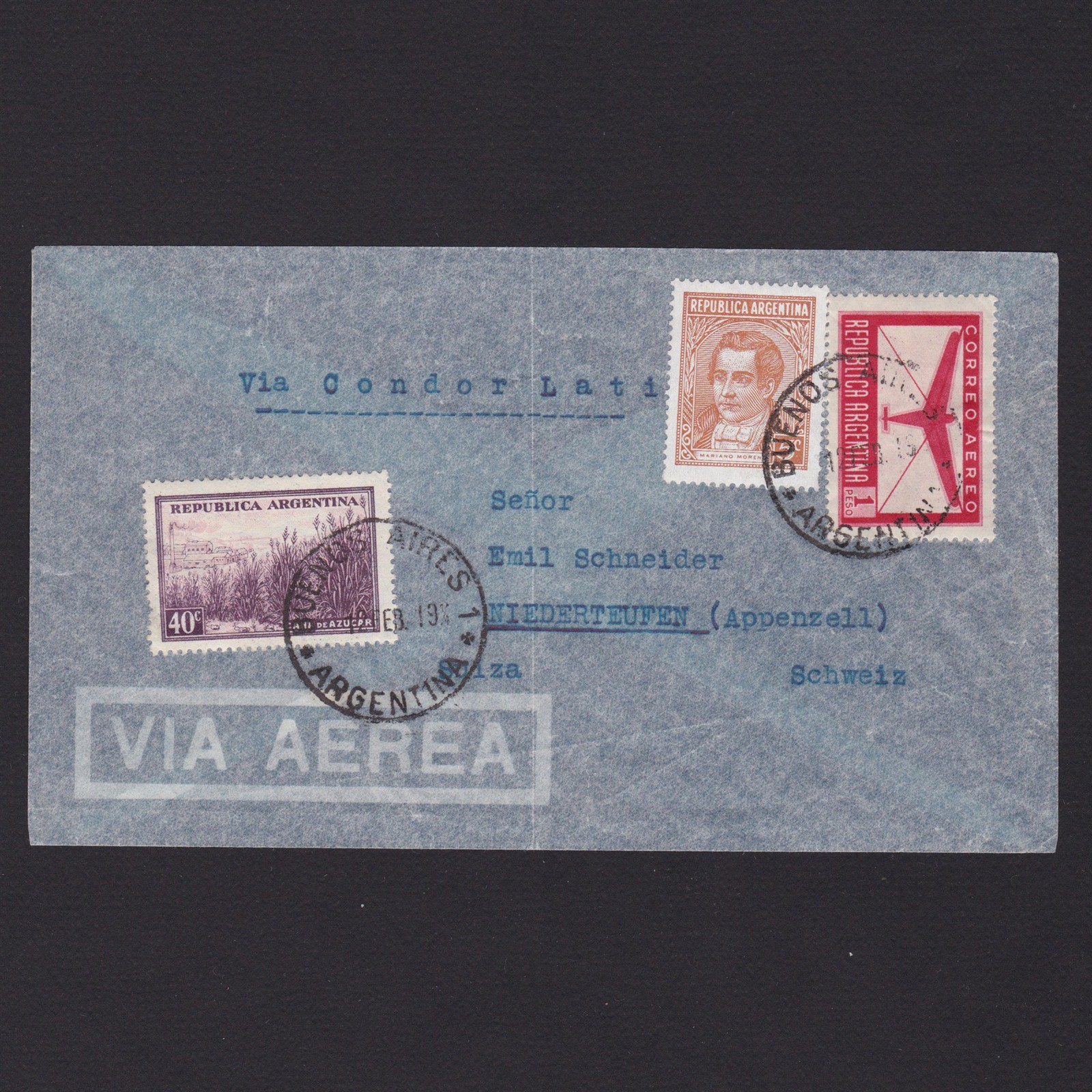 ARGENTINA 1949, Air mail from Buenos Aires to Nierderteufen Swiss