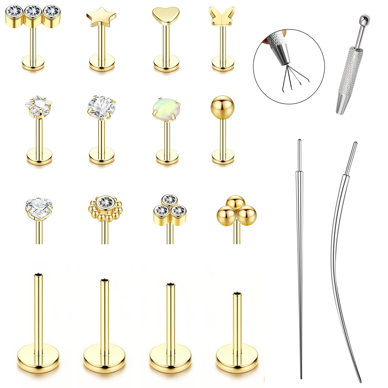 15Pcs 20G/18G/16G Flat Back Push in Stud Earrings 316L 18G(1.0mm), Golden 
