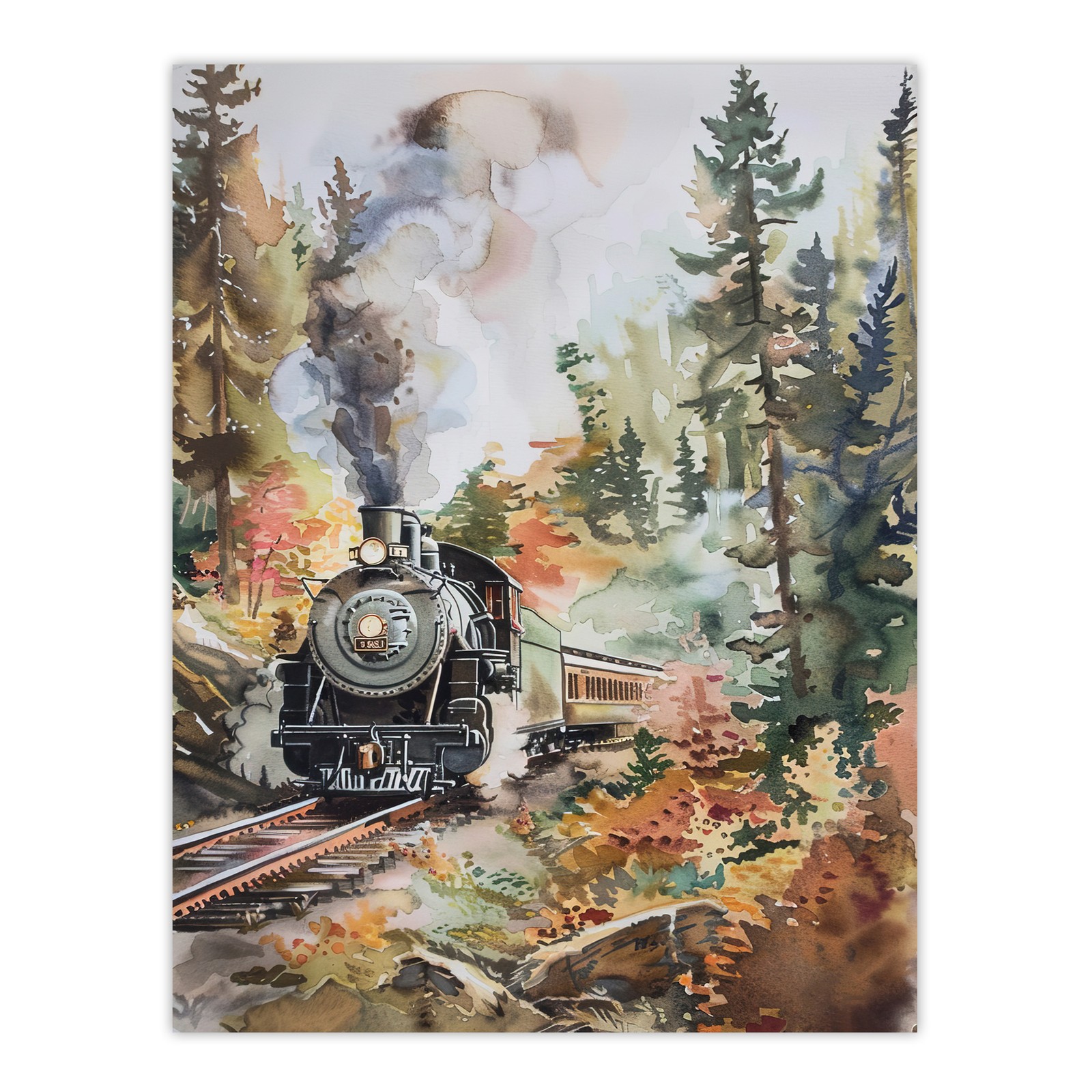 Locomotive Train on Autumn Forest Railway Track Wall Art Poster Print