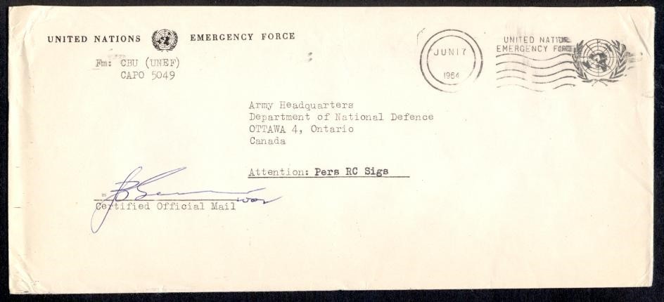 CANADA 1964 UN EMERG FORCES MILITARY CORRESPONDENCE