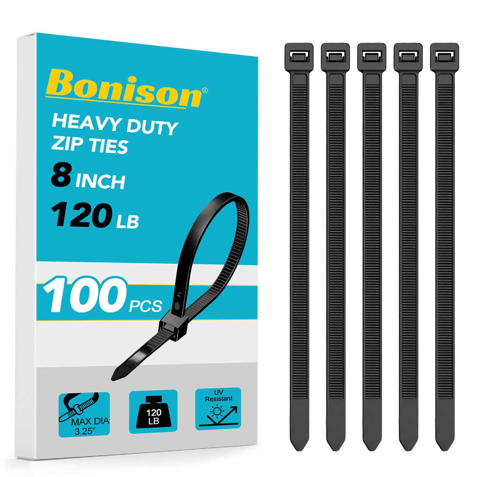 Zip Ties 8 inch Heavy Duty Zip Ties with 120 Pounds Tensile Strength, Black C...