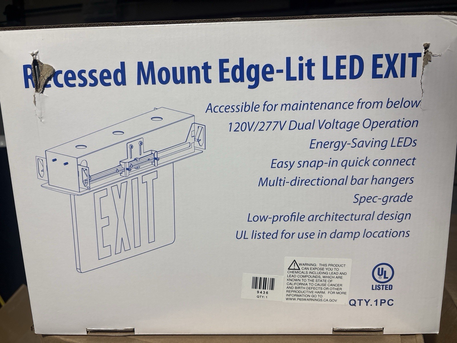 Recessed Edge Lit LED Exit Sign Double Face Battery Backup Green 120/277V