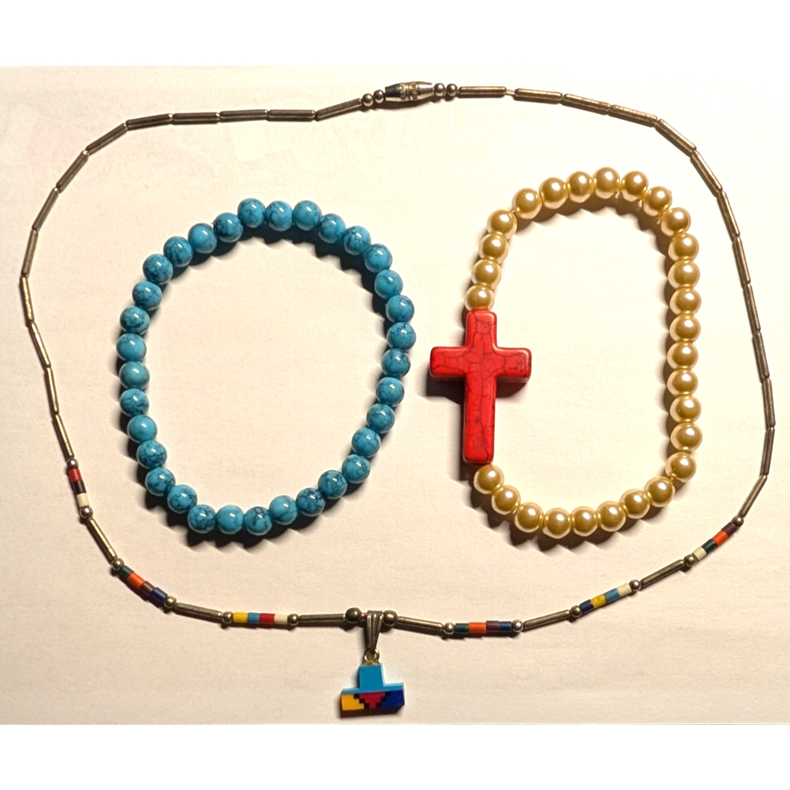 Youth Girls 3 Pc Necklace & Bracelet Set Silver Native Faux Turquoise Pearl Bead