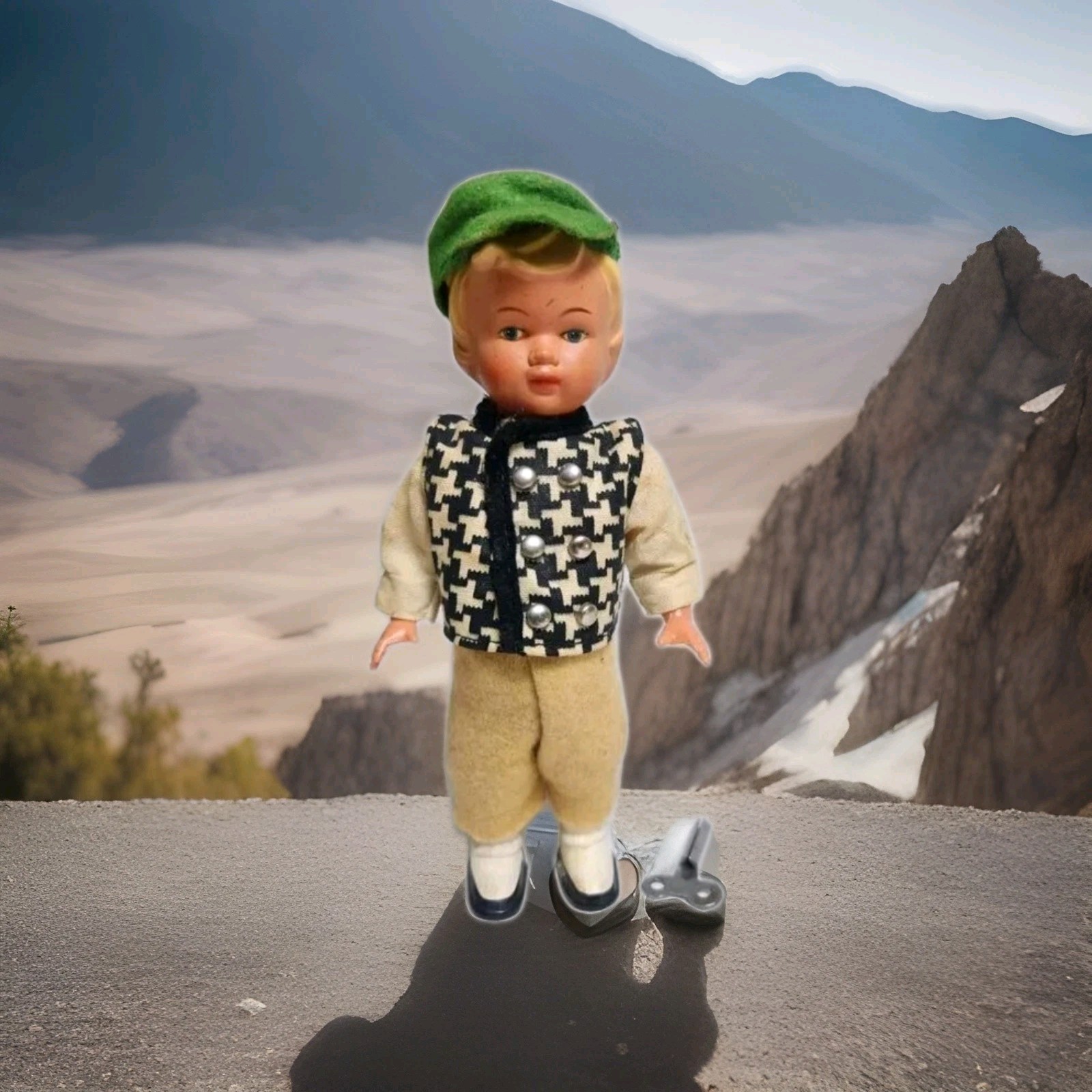  Vintage German Celluloid Mechanical  Wind Up Dancing Doll Key & Working Good 