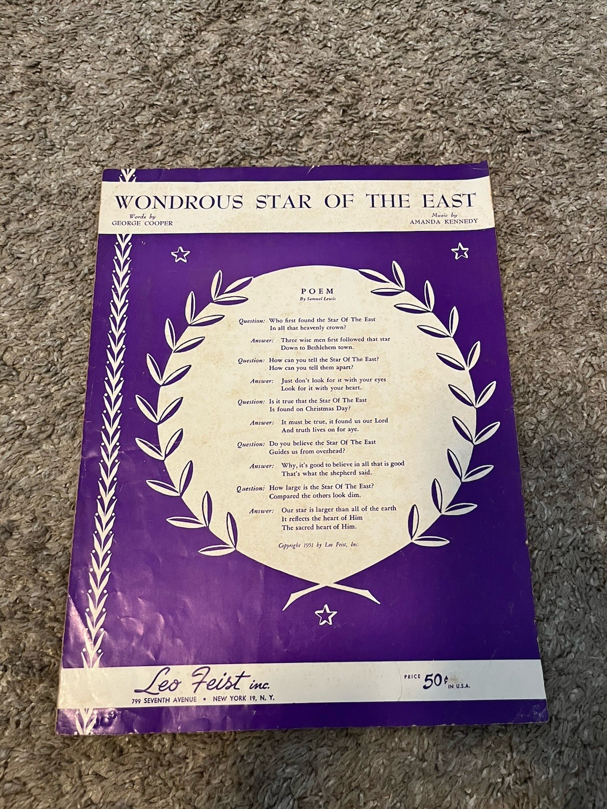 1951 "WONDROUS STAR OF THE EAST" CHRISTMAS HOLIDAY SHEET MUSIC Vintage