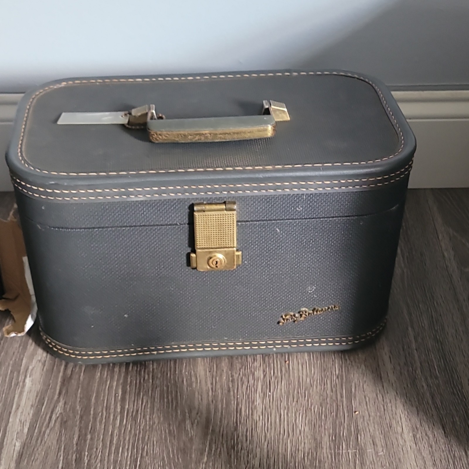 1960s Vintage Hard Vinyl Black Vanity Case with Lock, Mirror, Extra Compartments