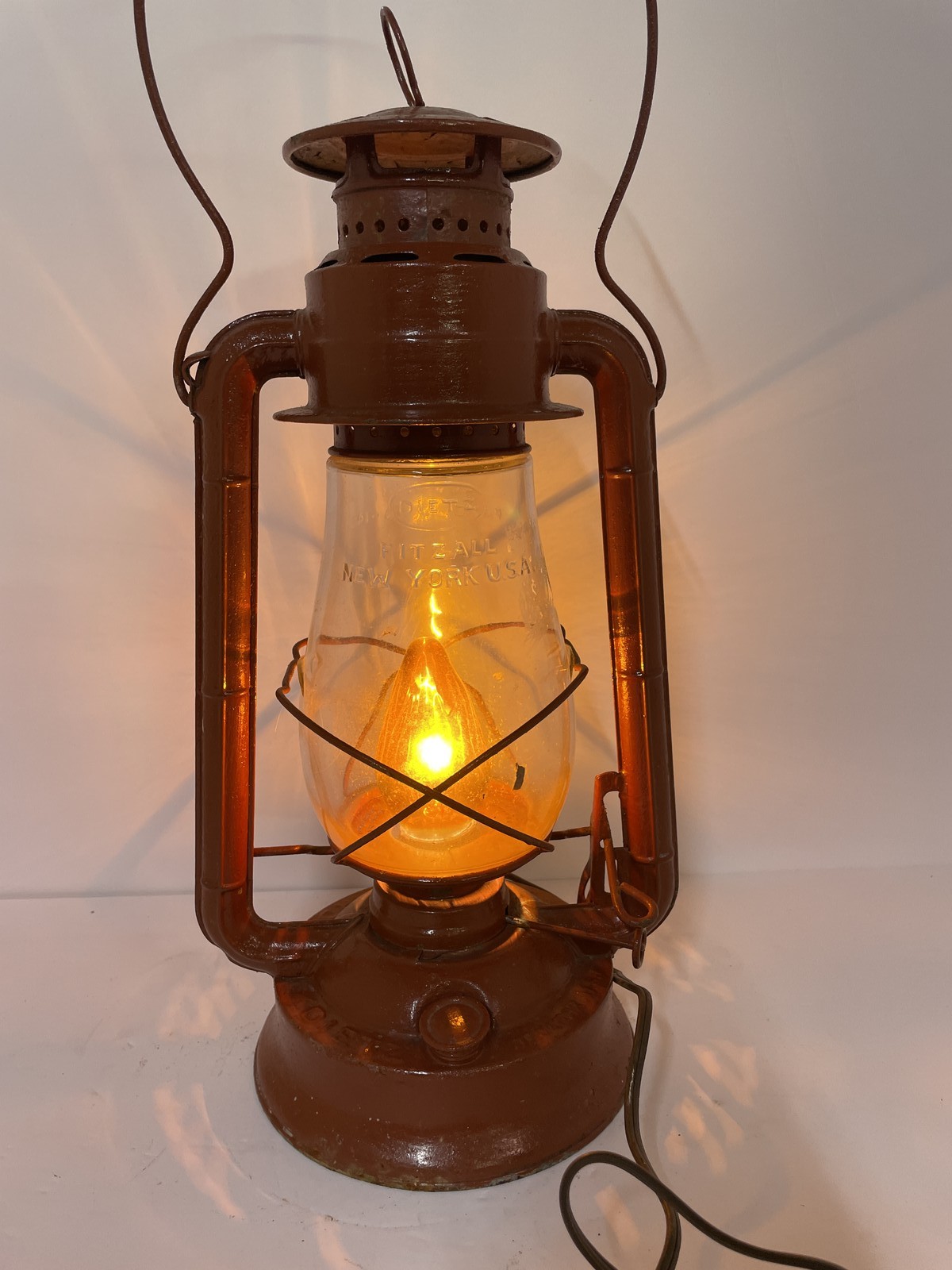 Vintage Dietz Fitzall Oil Lantern Electrified Desk Lamp 1950s Mid-Century Red