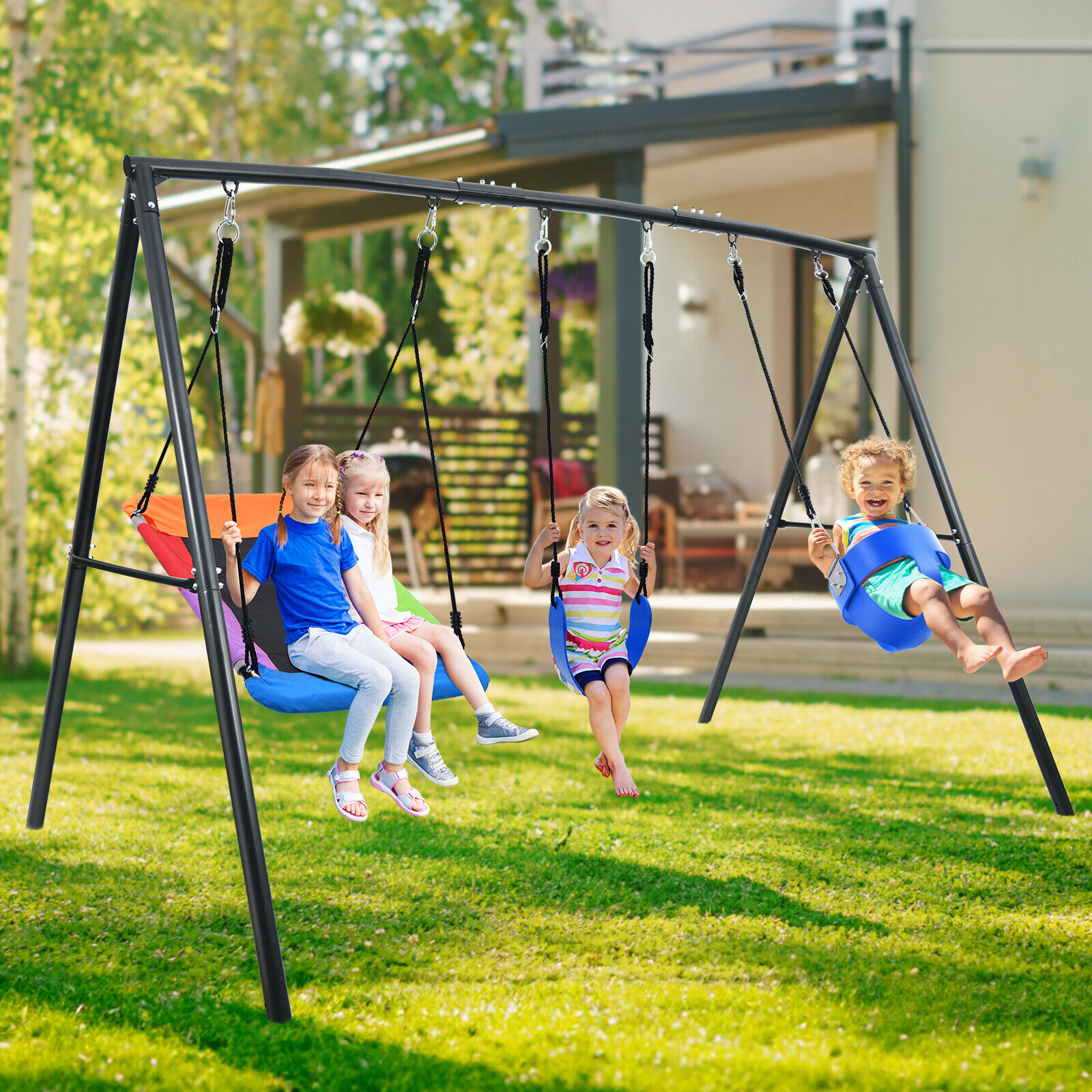 440lb Outdoor Swing Set Heavy-Duty Metal Swing Frame Kids Playset with 3 Swings