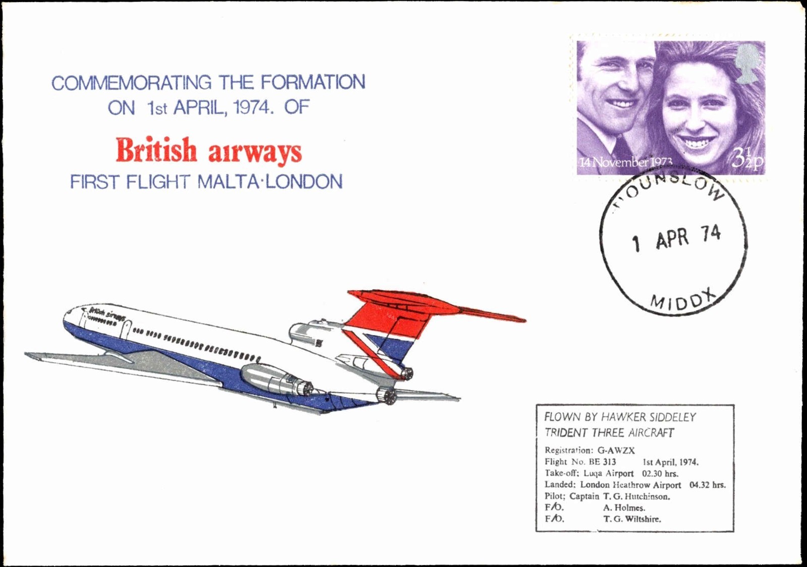 1974 British Airways First Flight Cover Malta London Trident Aircraft
