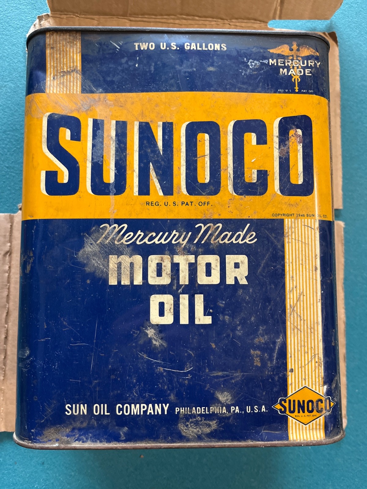 Vintage 2 Gallon SUNOCO Mercury Made Motor Oil Can 1946