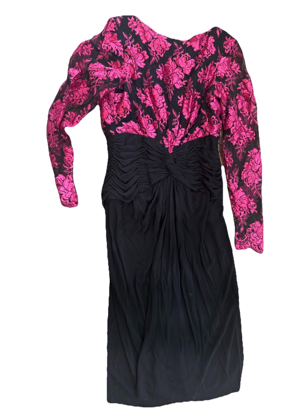 VTG Jill Richards French Lace Gown Dress Pink Midi Black 80s Ruched Size 6 8