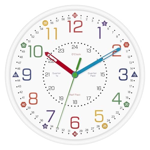  8 Inch Kids Learning Wall Clock - Silent Non-Ticking Educational 8 inch White