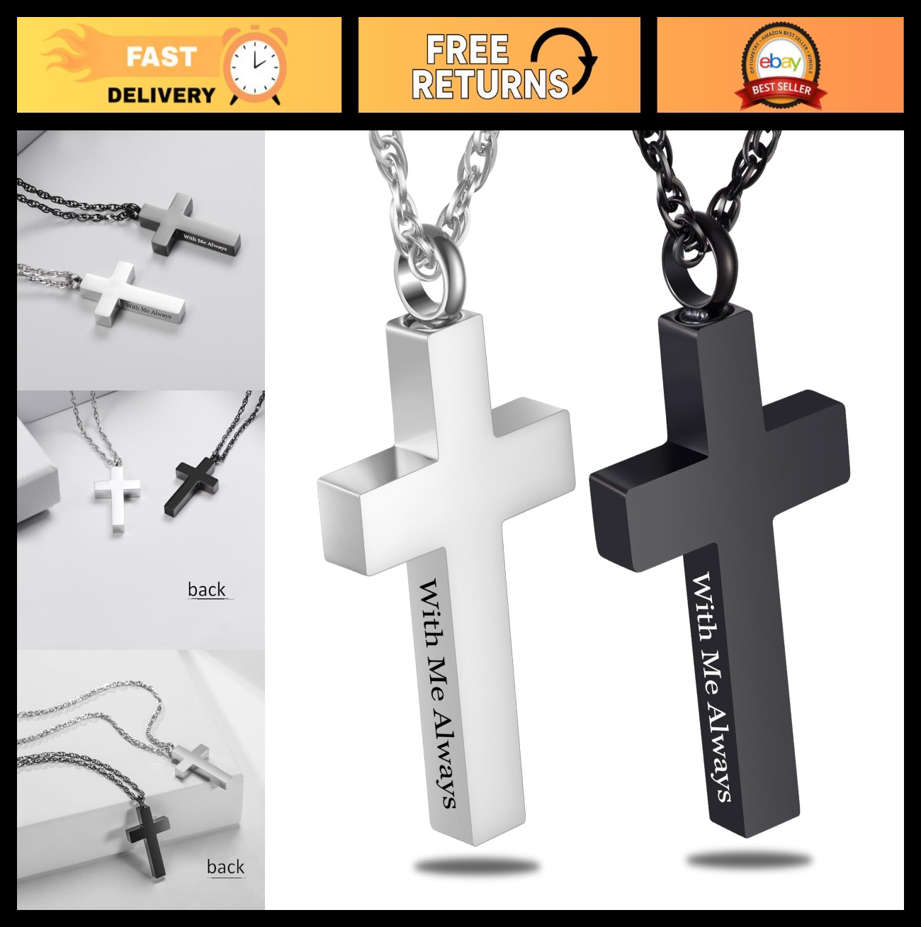 Cremation Cross Necklace for Ashes - Stainless Steel Urn Locket Pendant, Memoria