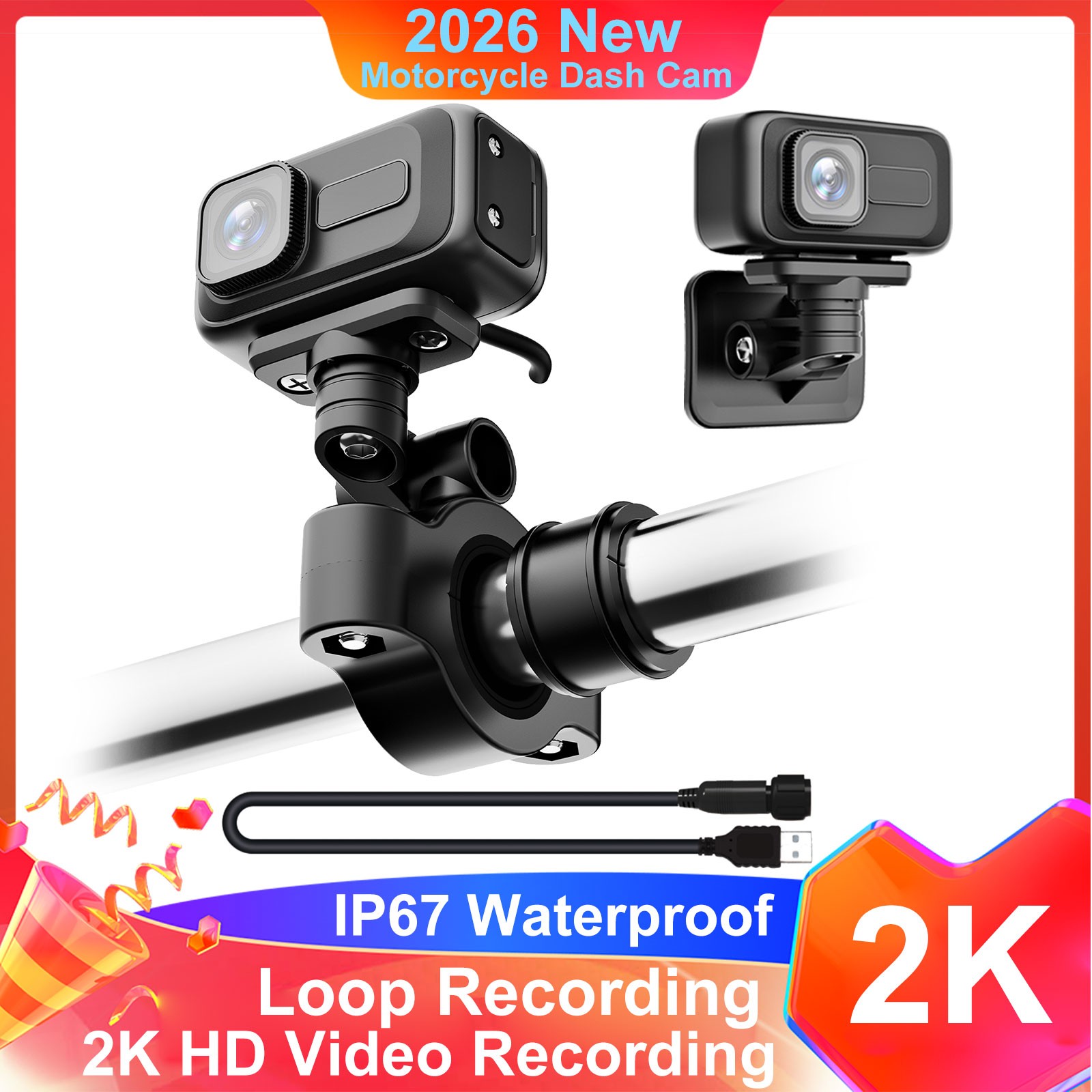 Motorcycle Camera 2K HD Video Recorder 140° Wide Angle 64GB SD Card 3 Brackets