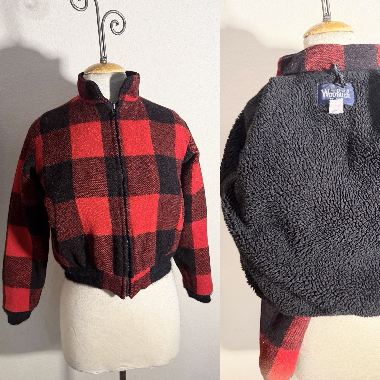 Vtg Wool Bomber Jacket Red Black Plaid Small Woolrich Pockets Lined