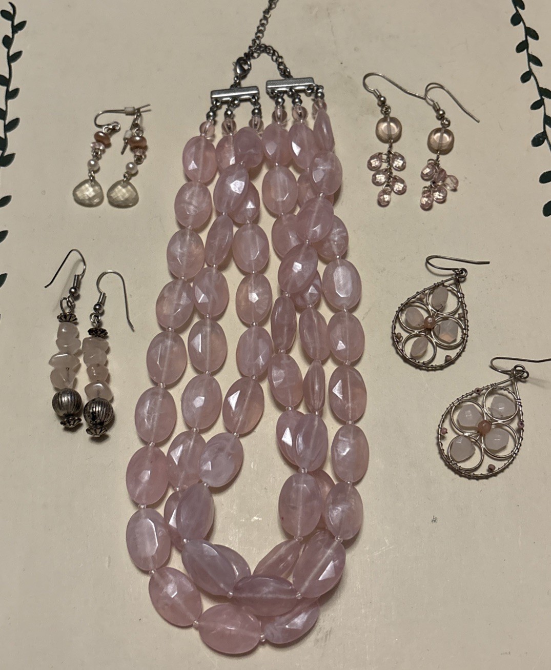 Jewelry Set 1 Necklace 4 Earrings Rose Quartz Crystal Beads Stones #82