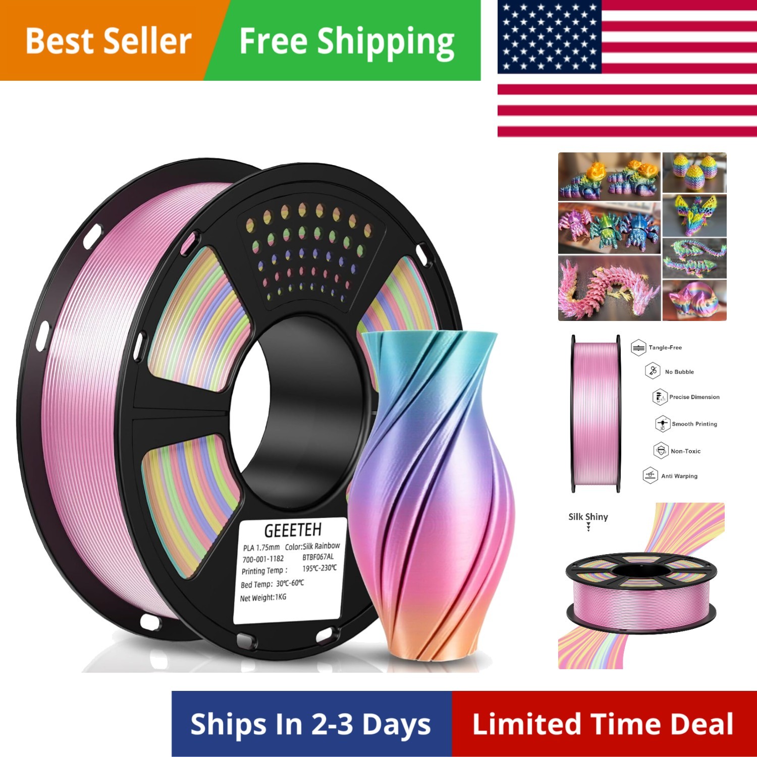 Geeetech Silk Rainbow PLA 3D Printer Filament 1.75mm Multicolor Color Changing