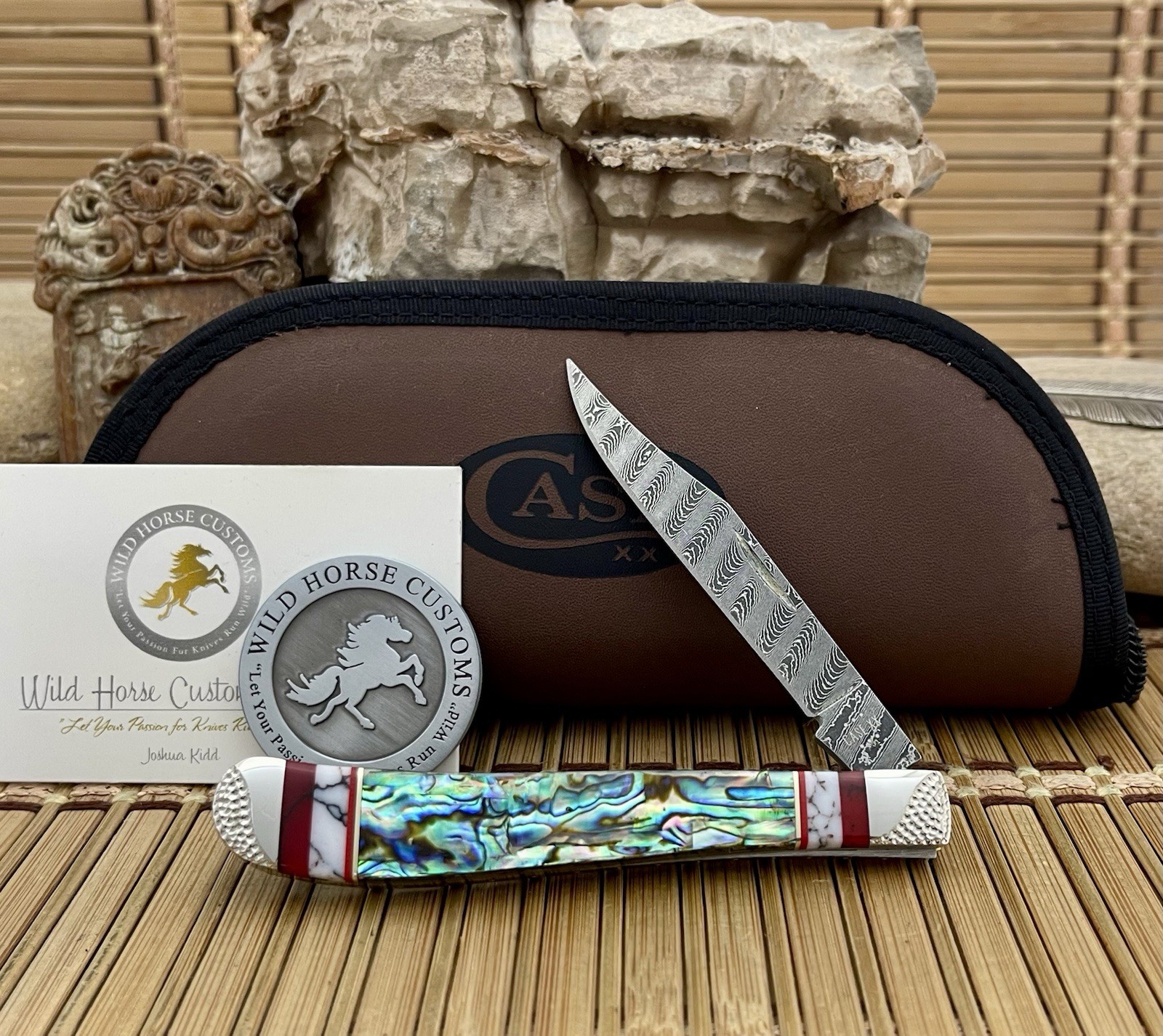 Case XX Wild Horse Custom Abalone & Bloody Jasper Damascus Slimline Knife #01