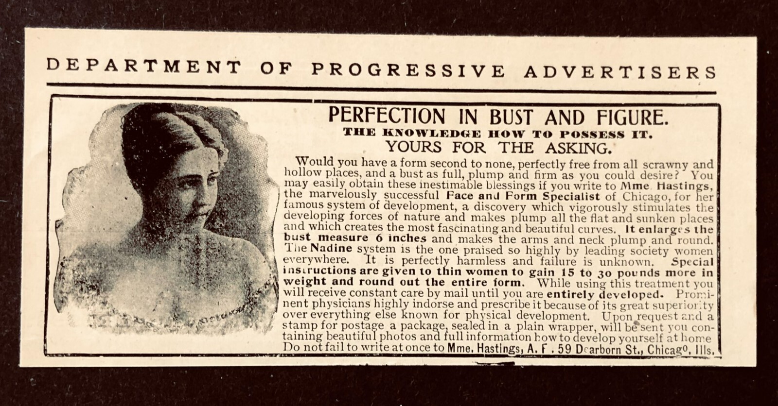 1904 Quack Medicine Advertisement Bust Figure Perfection Antique Print AD