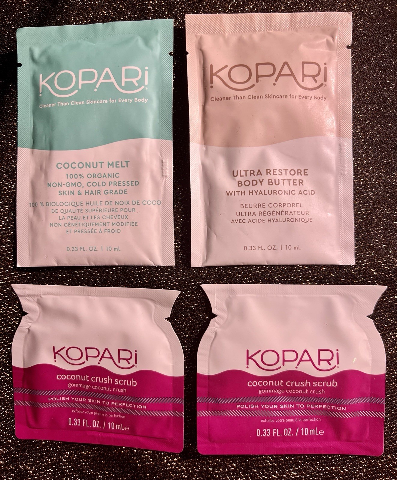 Kopari Four Samples 0.33 oz. each - Coconut Melt & 2 Crush Scrubs & Body Butter