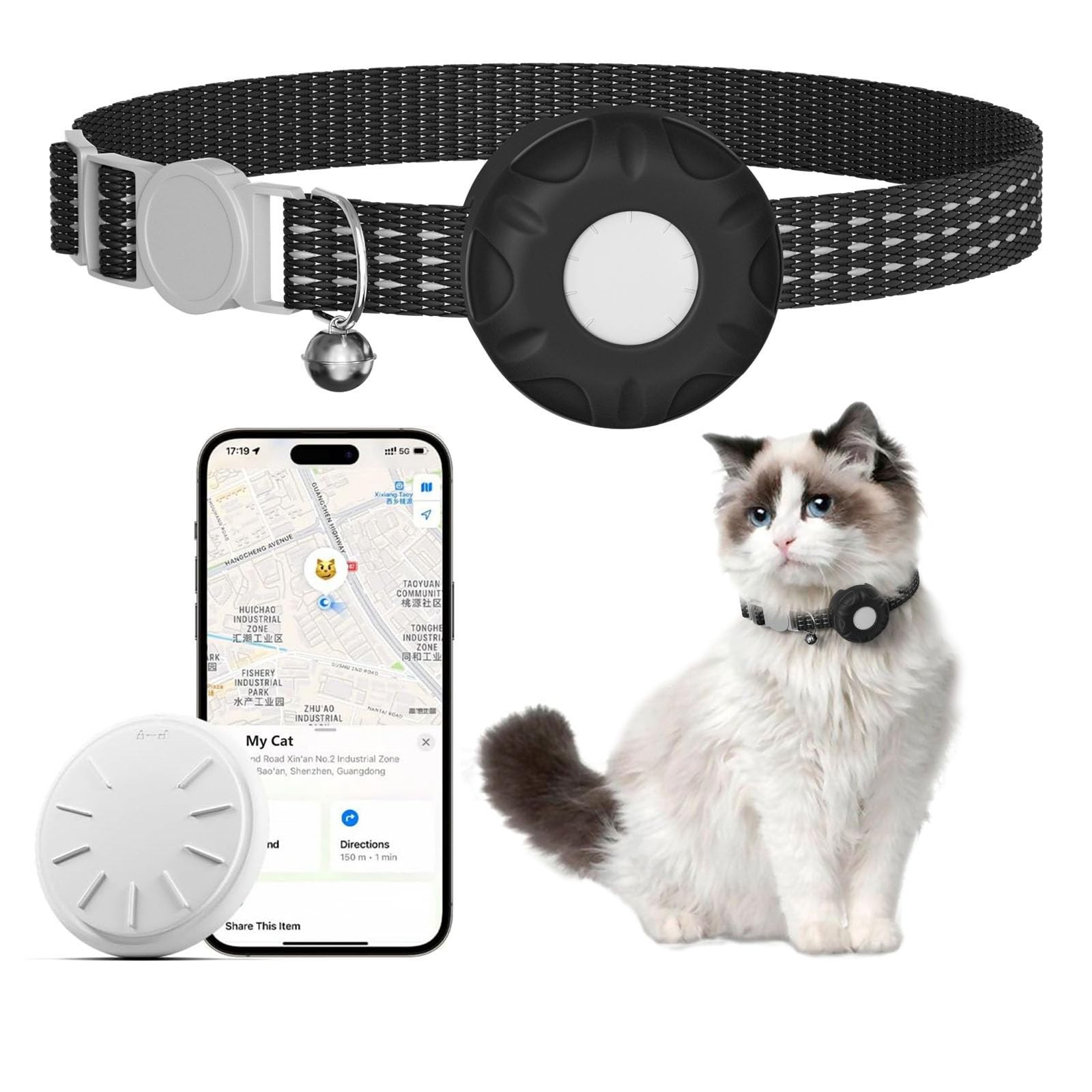 ZITTZ Cat Tracker Collar,No Monthly Fee Cat Tracker Works with Apple Find My ...