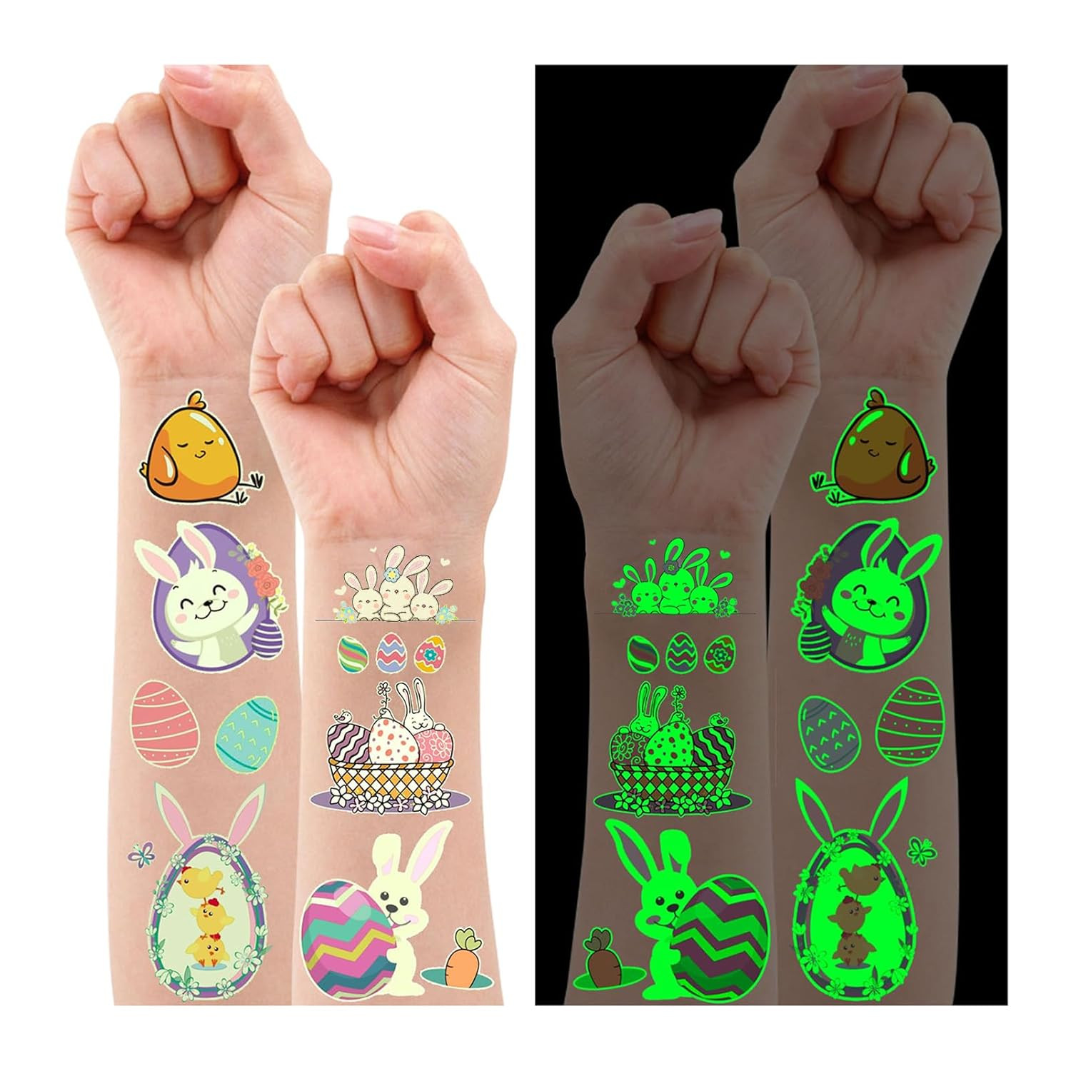132Pc Glow In The Dark Easter Temporary Tattoos Kids Basket Stuffers Party Favor