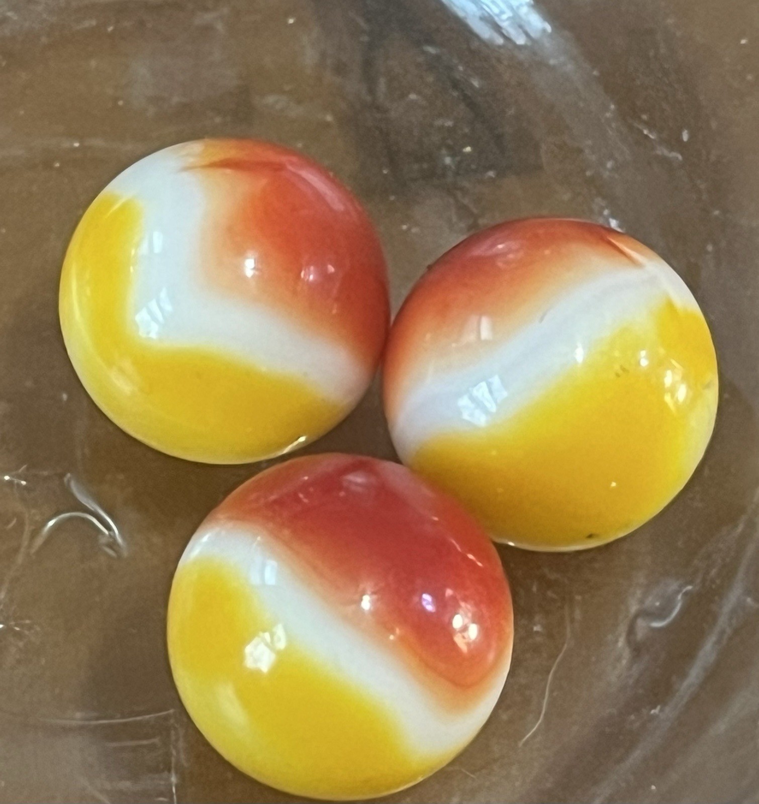 Lot Of 3 Vitro All Red Vintage Marbles, UV Reactive Red, White & Yellow Mint