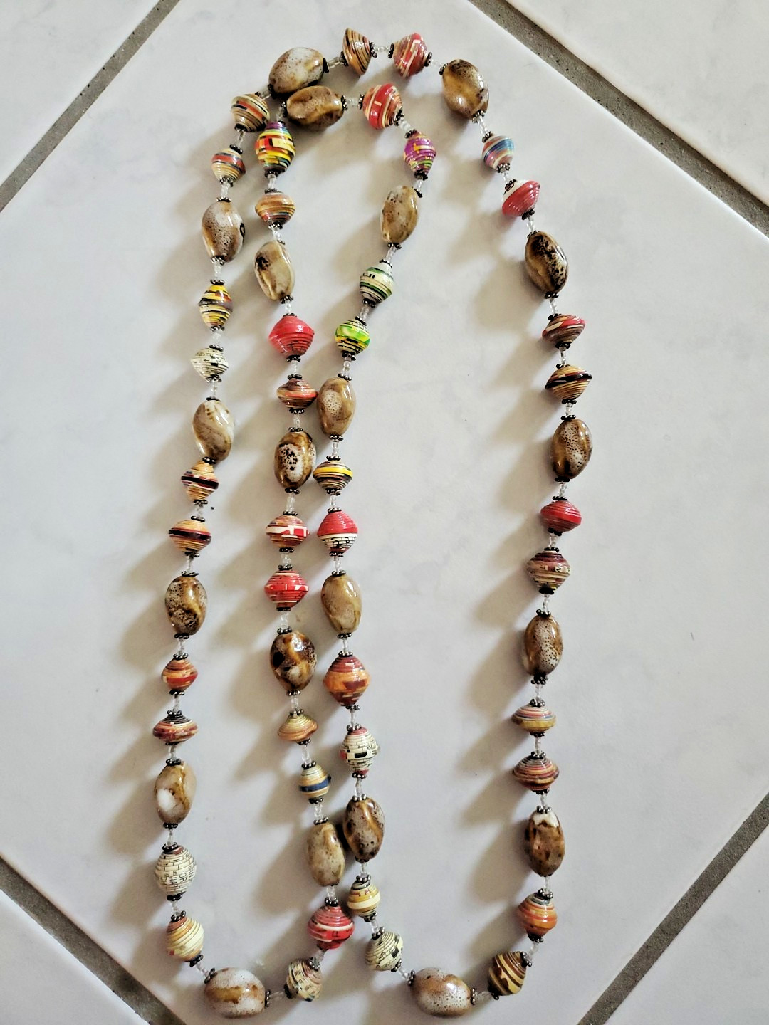 NEW Necklace 52" Long Handmade Upcycle Paper Bead Artisan Haiti Multicolor Stone