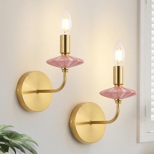 Modern Retro Wall sconces Set of Two with Pink Ceramic Flower Gold+Pink