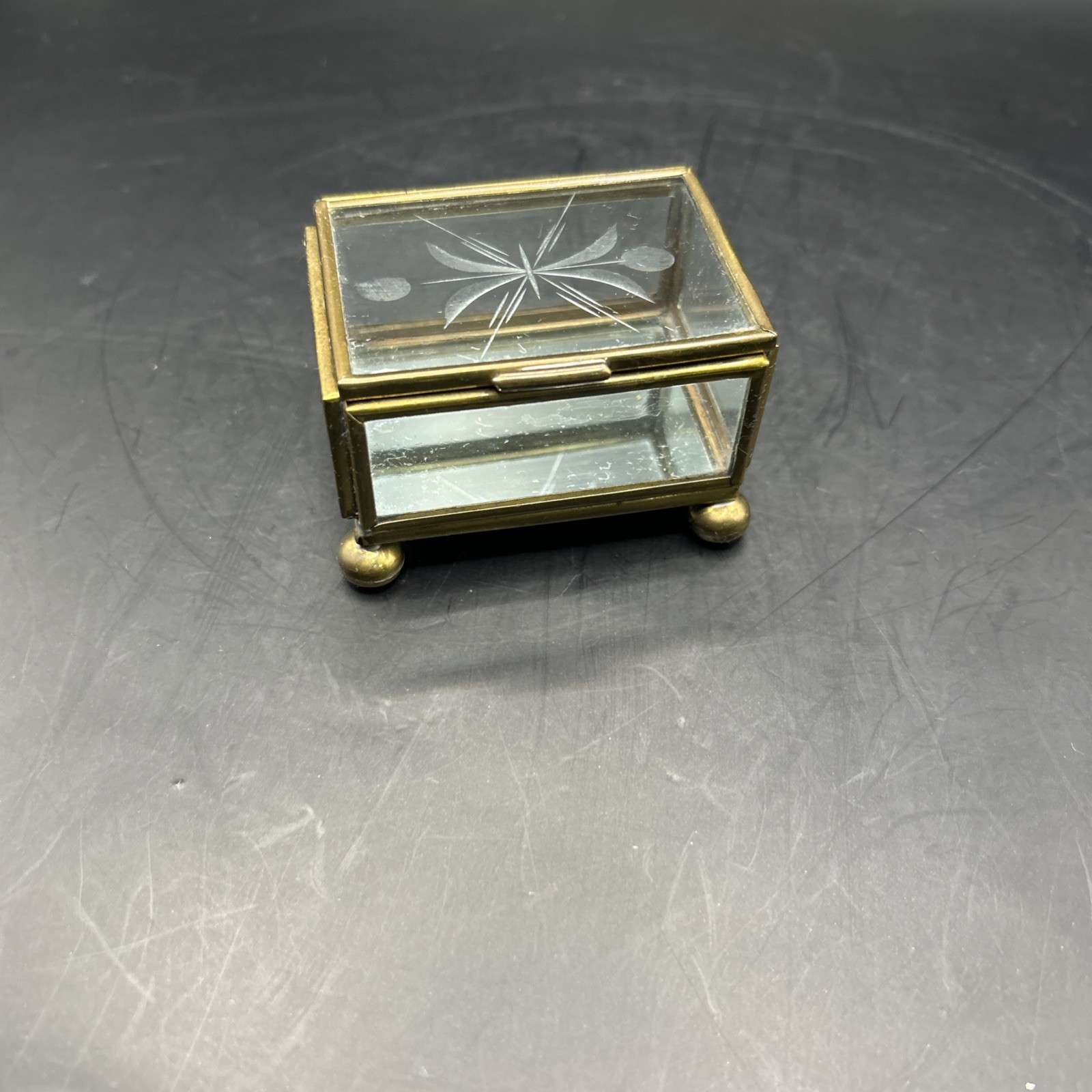 Vintage Etched Glass Footed Trinket Box From Mexico Mirrored Bottom