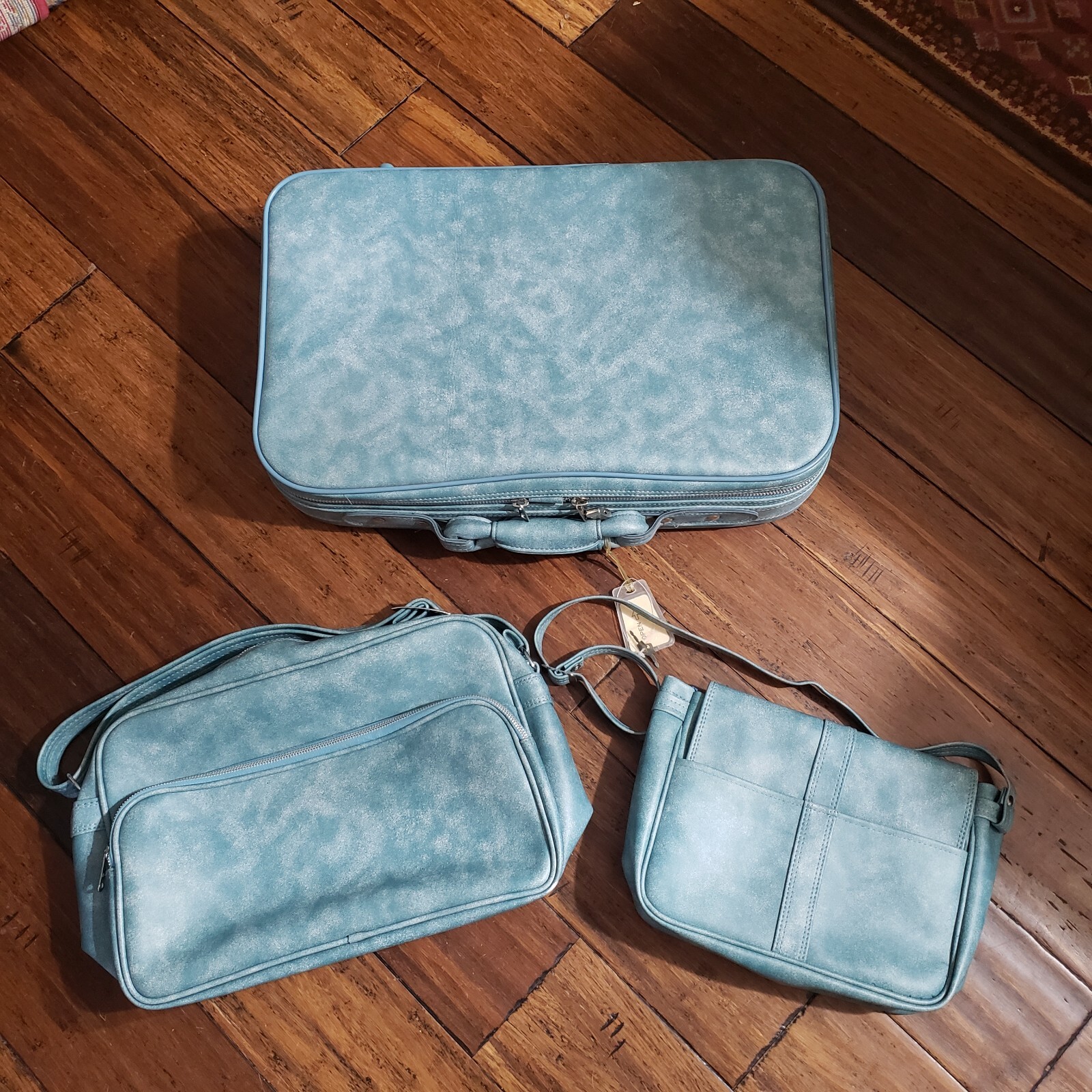 Vtg New Blue Soft Side Vinyl Luggage Set Suitcase Carry On Purse/makeup Bag