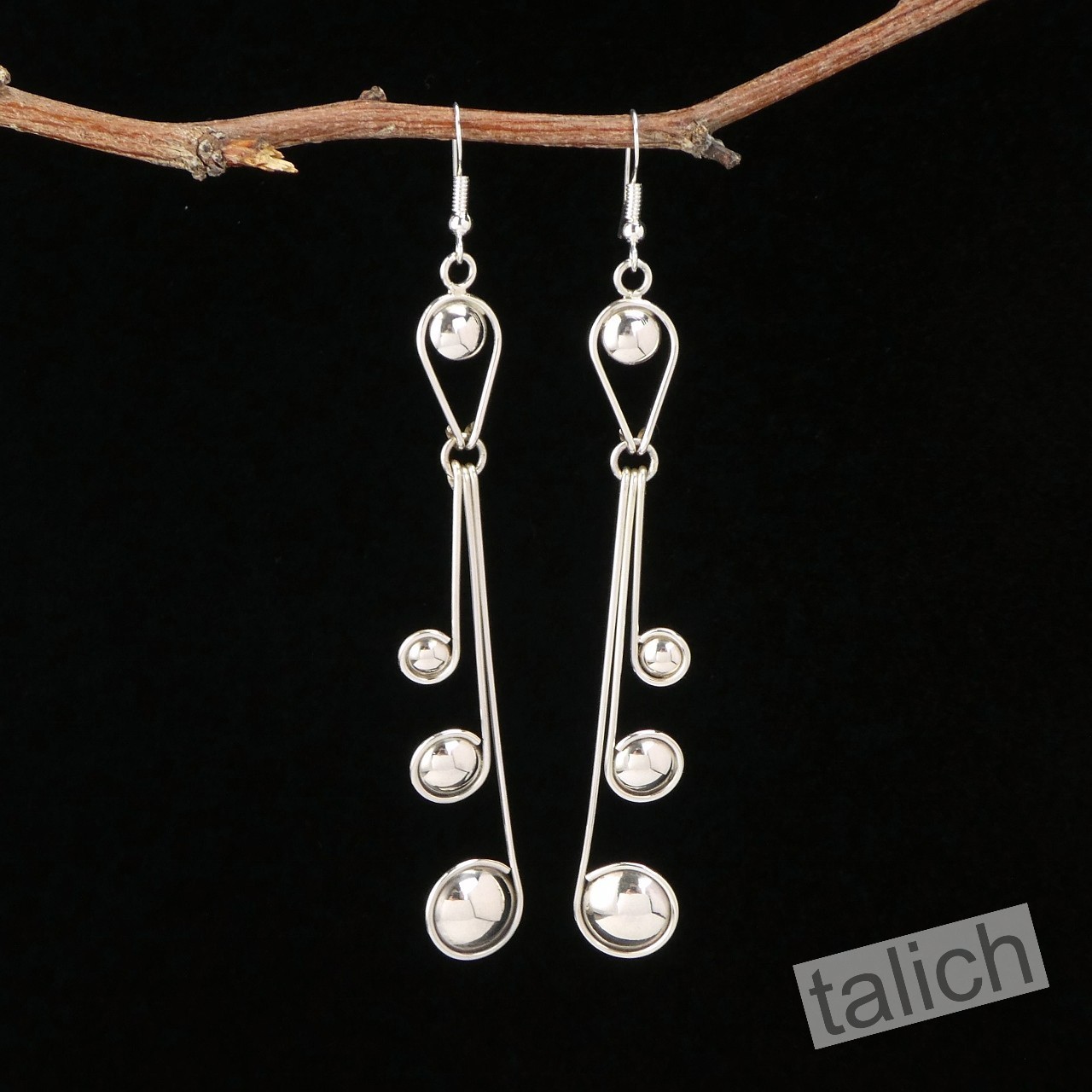 Navajo Handmade Sterling Silver Swirl & Dot Long Drop Earrings Modernist Minimal