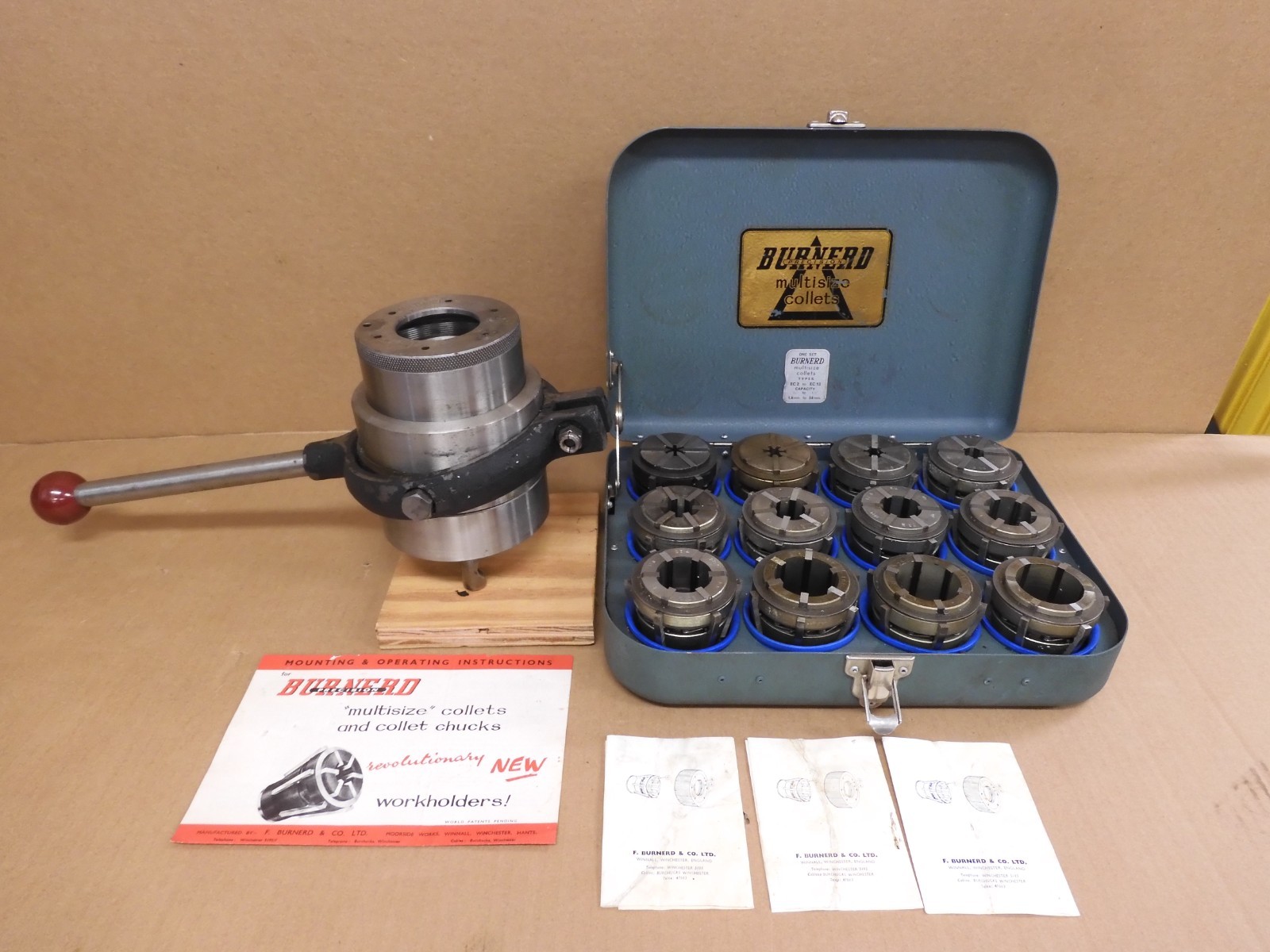 BURNERD LC15-D4 LEVER OPERATED COLLET CHUCK EE D1-4 Spindle & 12 PC. COLLET SET