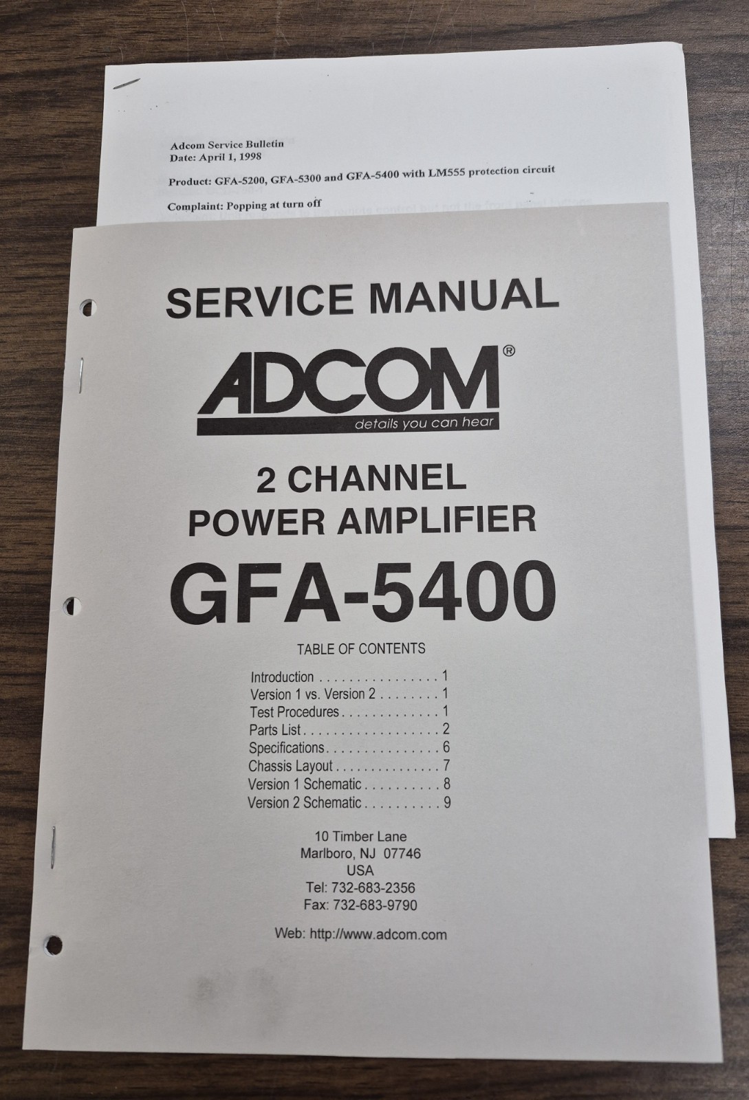 Adcom GFA-5400 Amplifier Service Manual - OEM + Bulletin