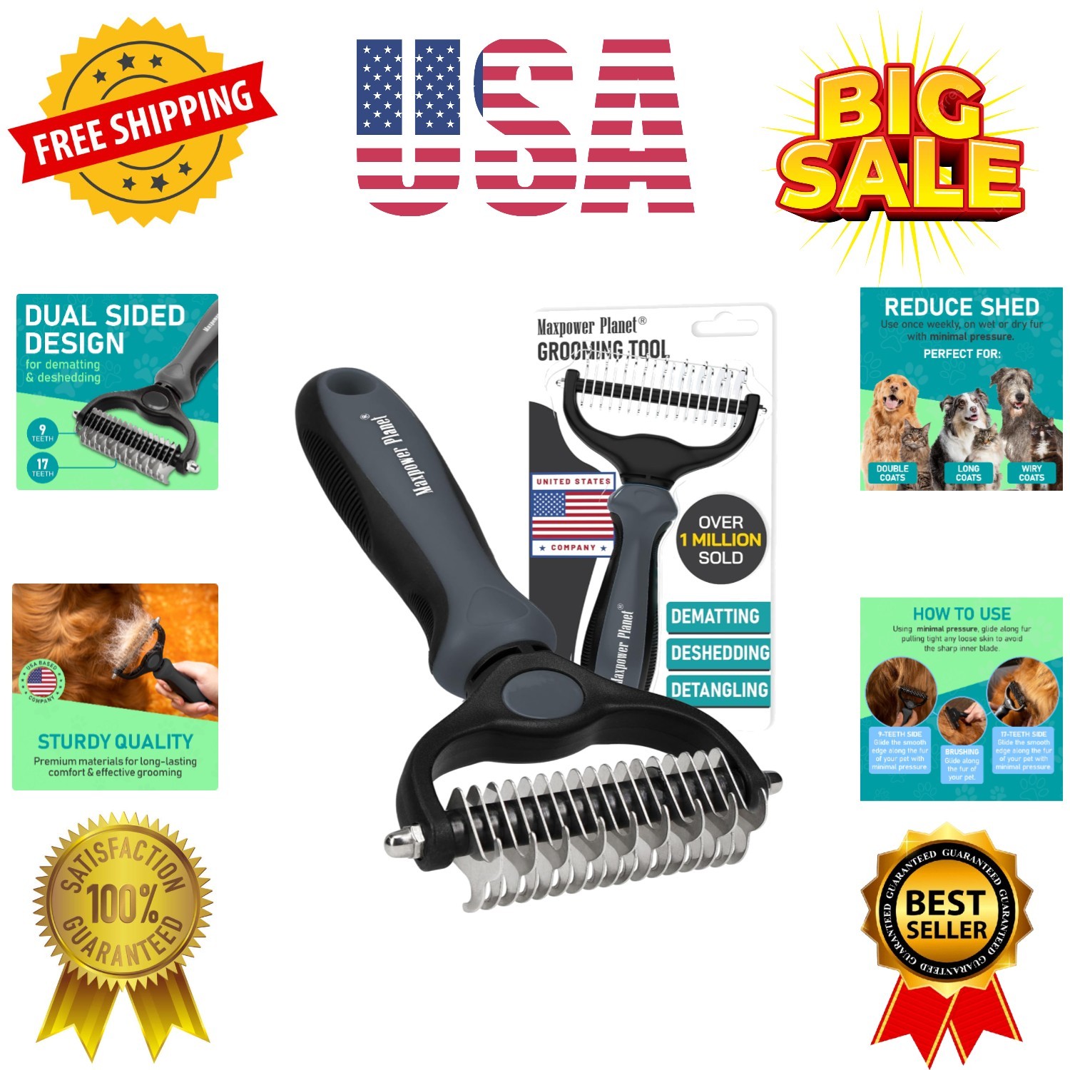 Pet Grooming Brush - Double Sided Undercoat Rake for Dogs and Cats, Extra Wid...