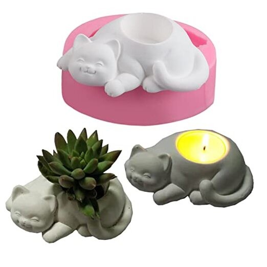 Cat Concrete Flower Pot Molds Silicone Candlestick Candle Holder Molds 