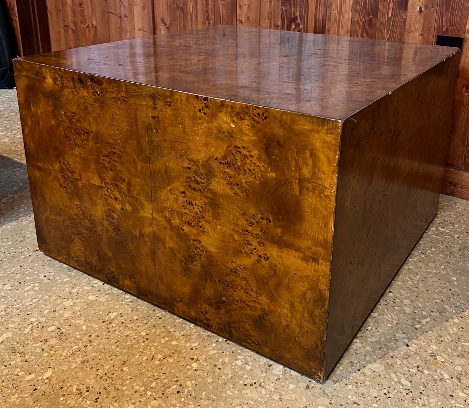 Vintage Milo Baughman Burlwood Cube end table, 1970s, good condition