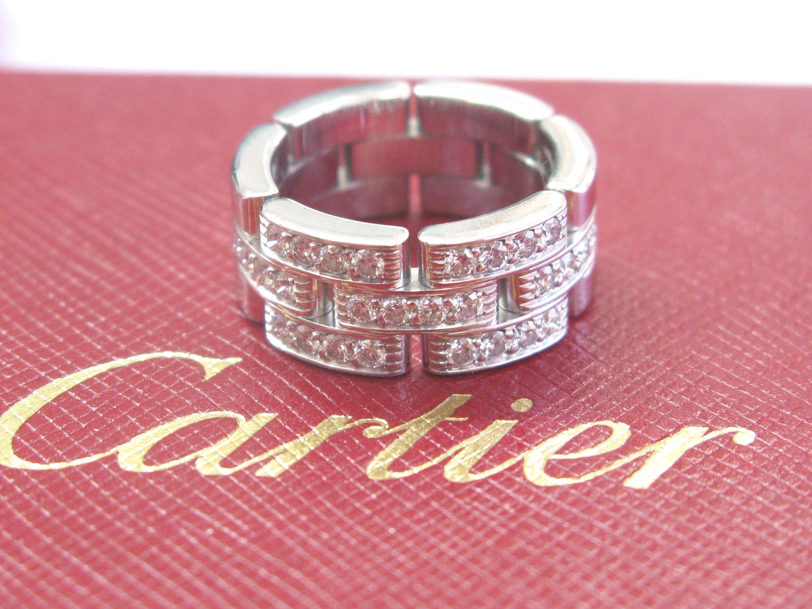 Cartier 18Kt Maillon Panthere Half Diamond White Gold 3-Row Band Ring .75Ct