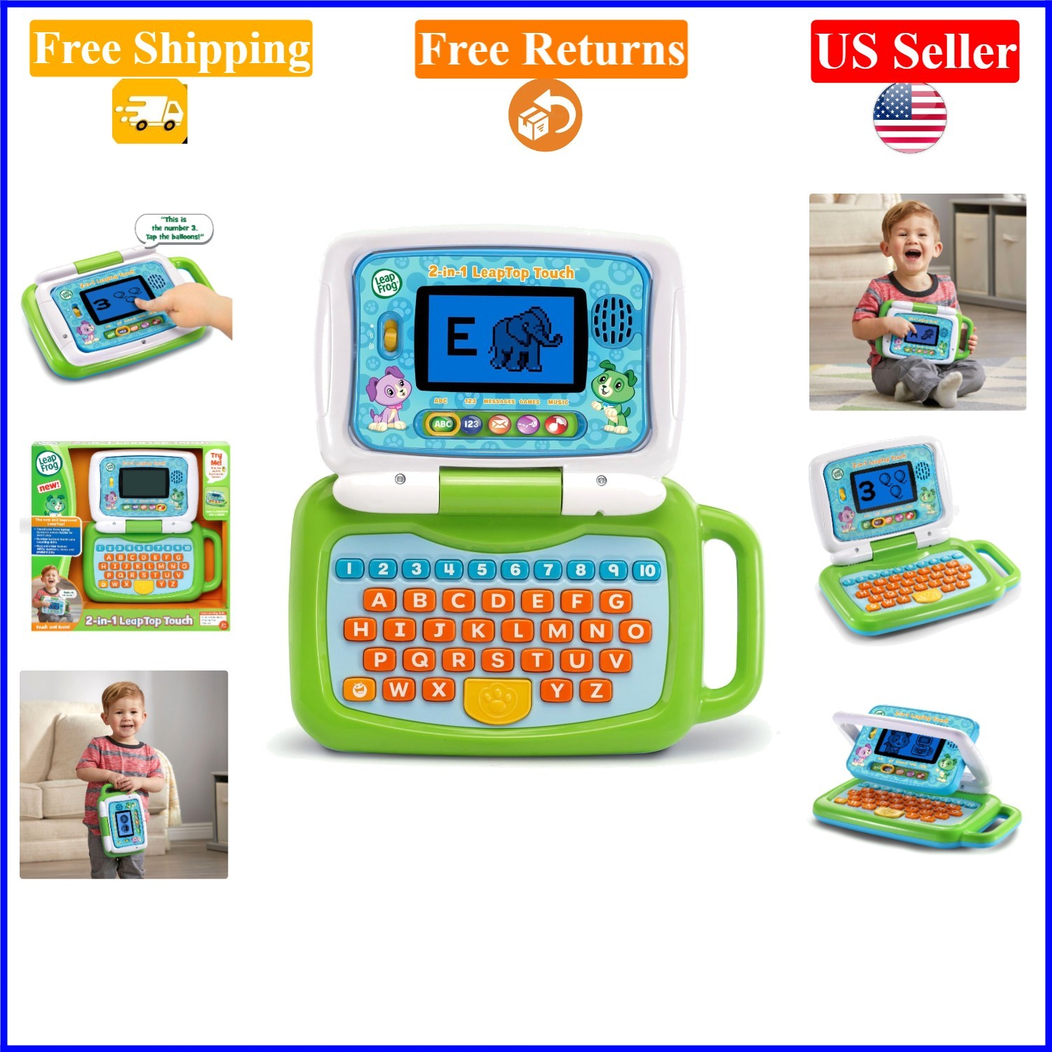 2-in-1 LeapTop Touch Educational Laptop for Kids, Green, Ages 2-5